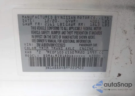 2021 Nissan Sentra Sr Xtronic Cvt из США, поврежденный, VIN 3N1AB8DV8MY223923